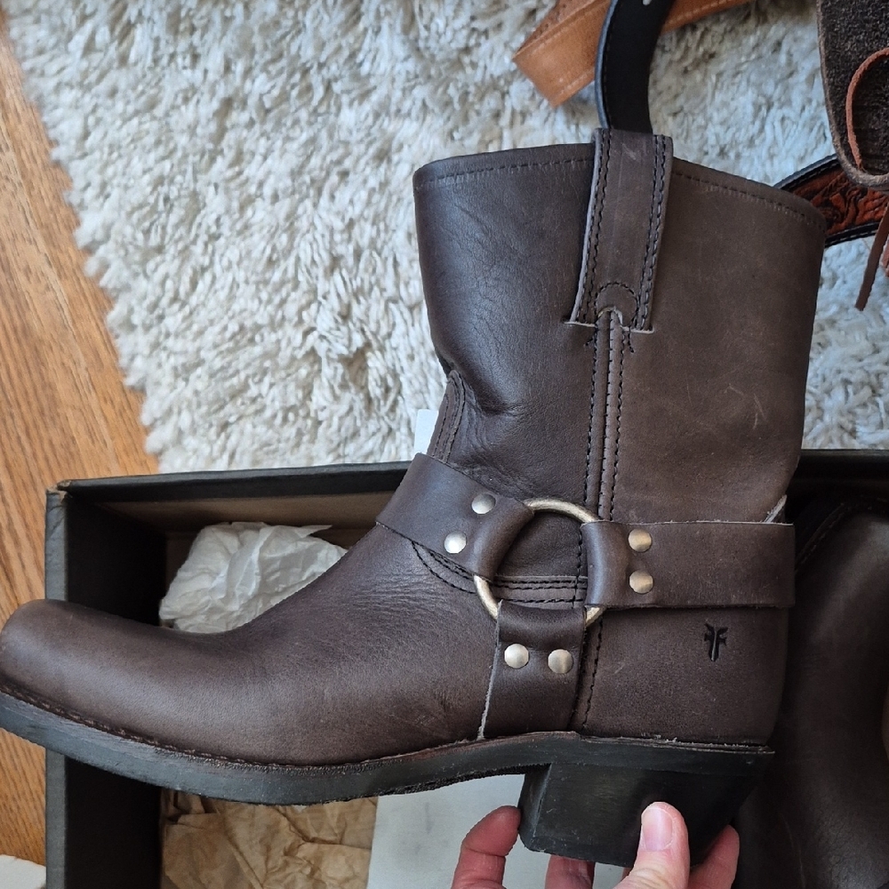 Frye Brown Leather Harness Combat Boots - Picture 4 of 10